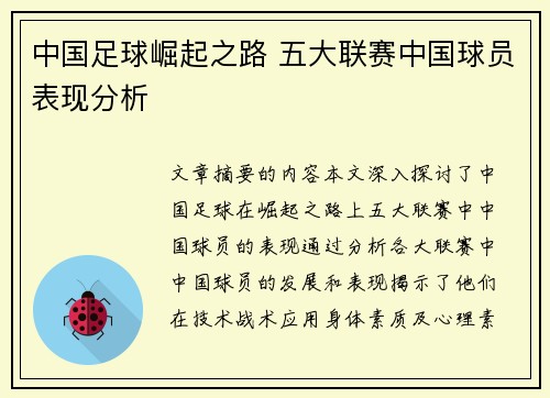 中国足球崛起之路 五大联赛中国球员表现分析